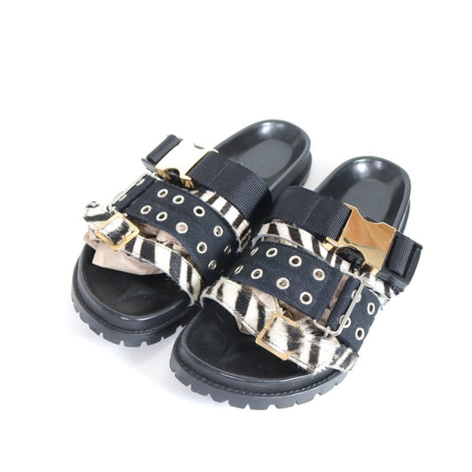 sacai 20SS Zebra Print Calf Hair Black White Sandals Size 27.5cm