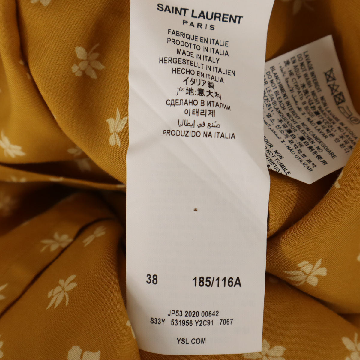 SAINT LAURENT Made in Italy Floral Open Collar Ochre Shirt Size 38