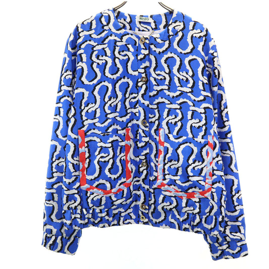KENZO Silk All-Over Pattern Collarless Jacket Blue Size 38