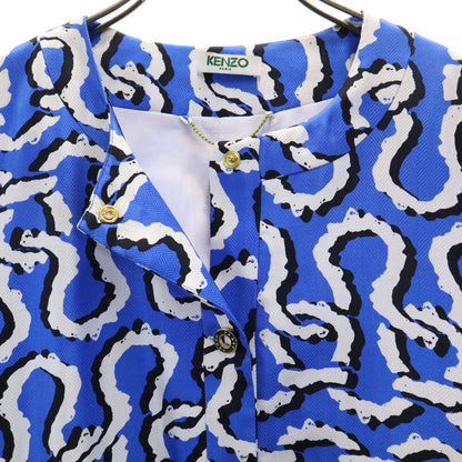 KENZO Silk All-Over Pattern Collarless Jacket Blue Size 38