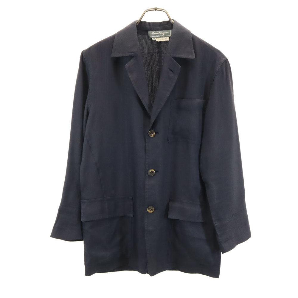 Salvatore Ferragamo 90s Linen Herringbone Blazer Navy Size 48