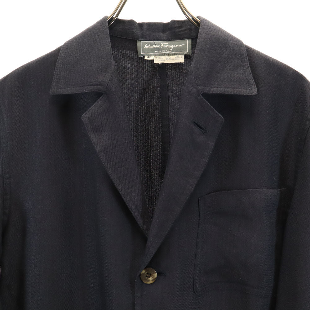 Salvatore Ferragamo 90s Linen Herringbone Blazer Navy Size 48