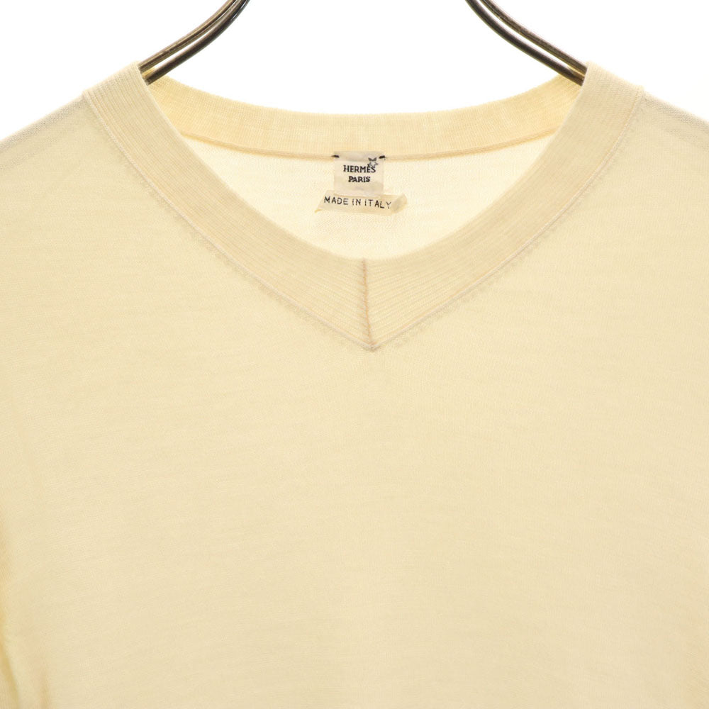 HERMES Ivory Cashmere Deep Rib V-Neck Sweater Size 38