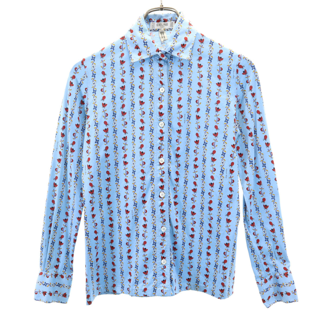 CELINE 90s Vintage Ladybug Print Long Light Blue Shirt Size 36