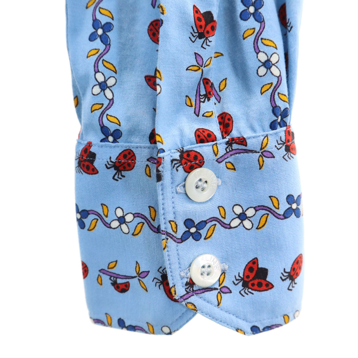 CELINE 90s Vintage Ladybug Print Long Light Blue Shirt Size 36