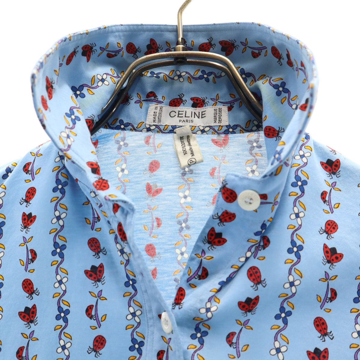 CELINE 90s Vintage Ladybug Print Long Light Blue Shirt Size 36