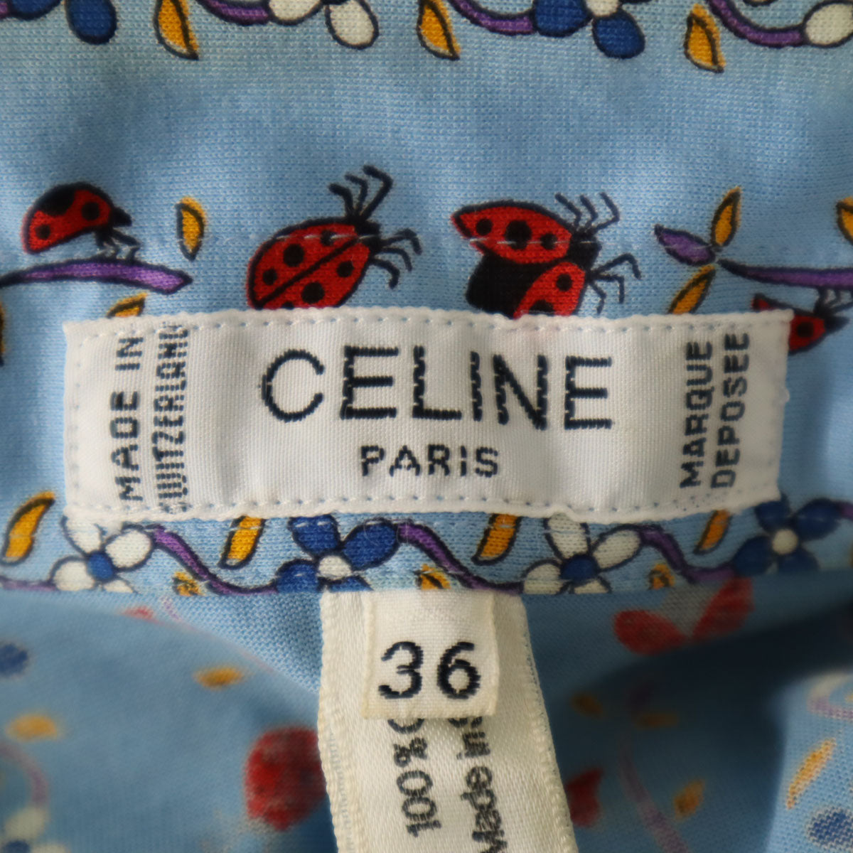 CELINE 90s Vintage Ladybug Print Long Light Blue Shirt Size 36