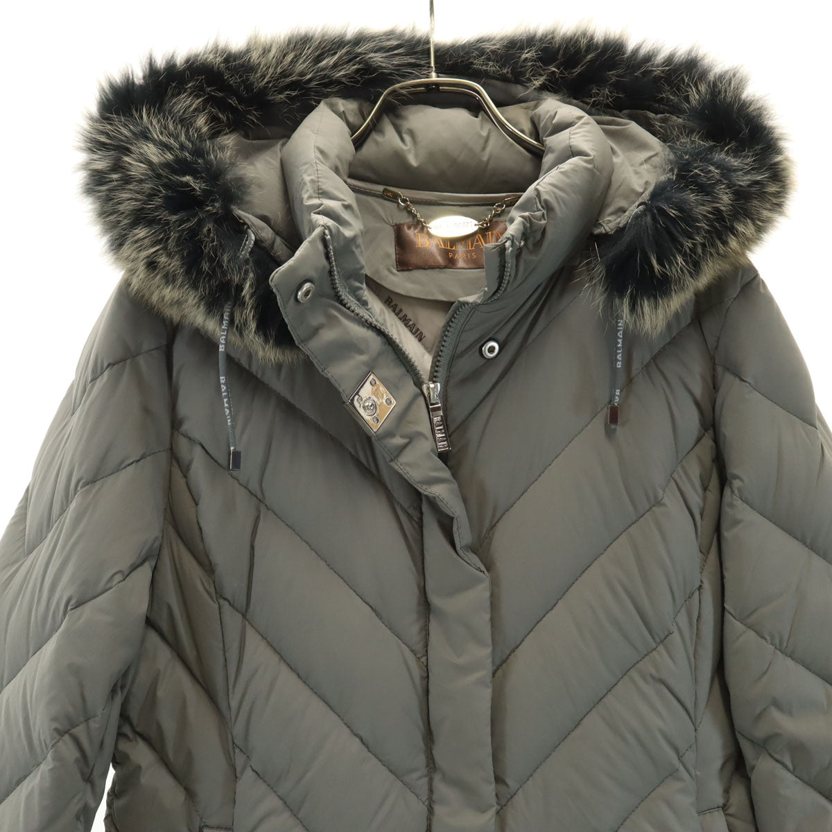 BALMAIN Gray Down Coat w/ Blue Fox Fur Trim Size L