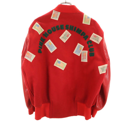 PINK HOUSE Varsity Jacket w/ Patches & Leather Trim Red