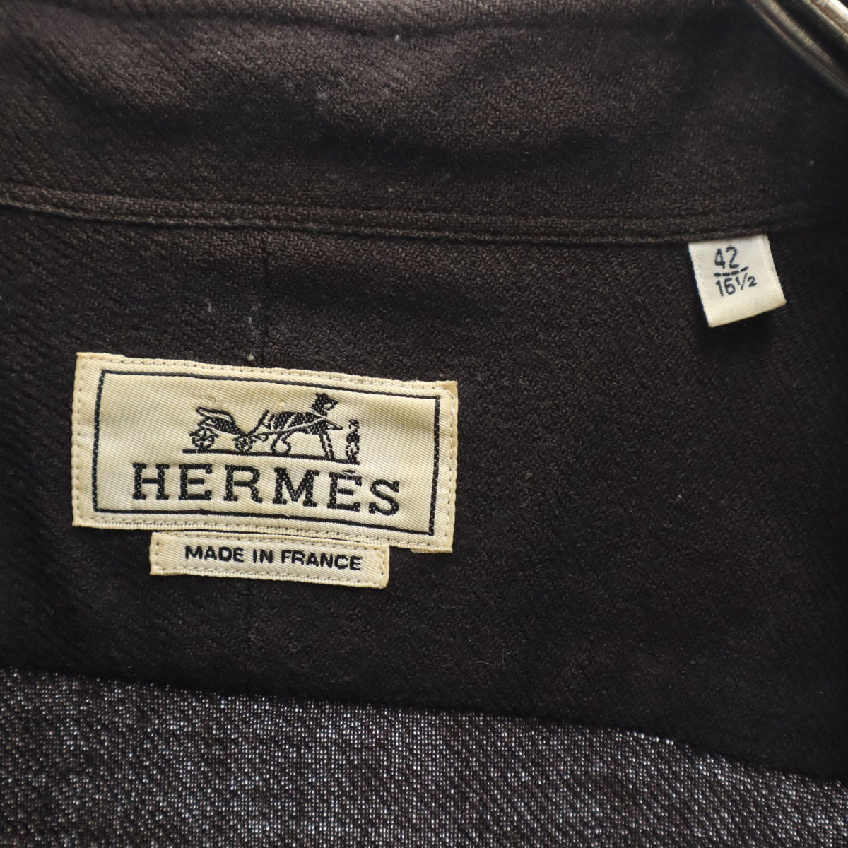 HERMES French Wool Long Sleeve Shirt Brown Size 42