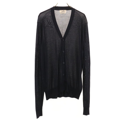 HERMES Italian Silk V-Neck Knit Cardigan Black Size L