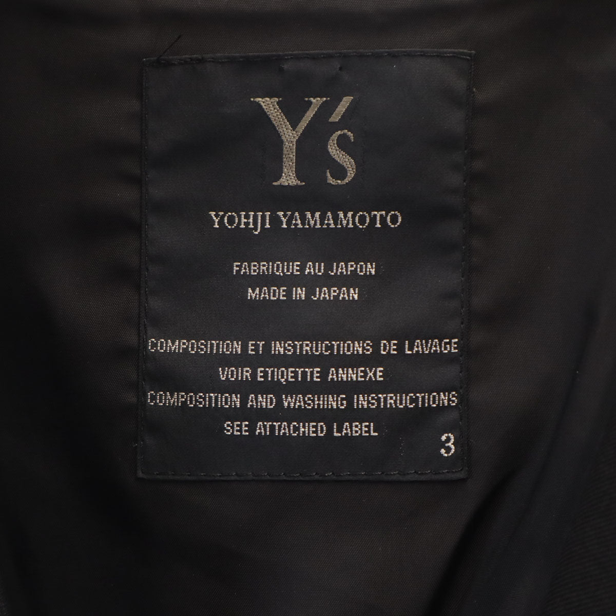 Y's Lapel Jacket Black Size JP 3