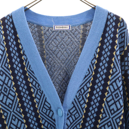YVES SAINT LAURENT 90s Patterned V-Neck Cardigan Blue Size M
