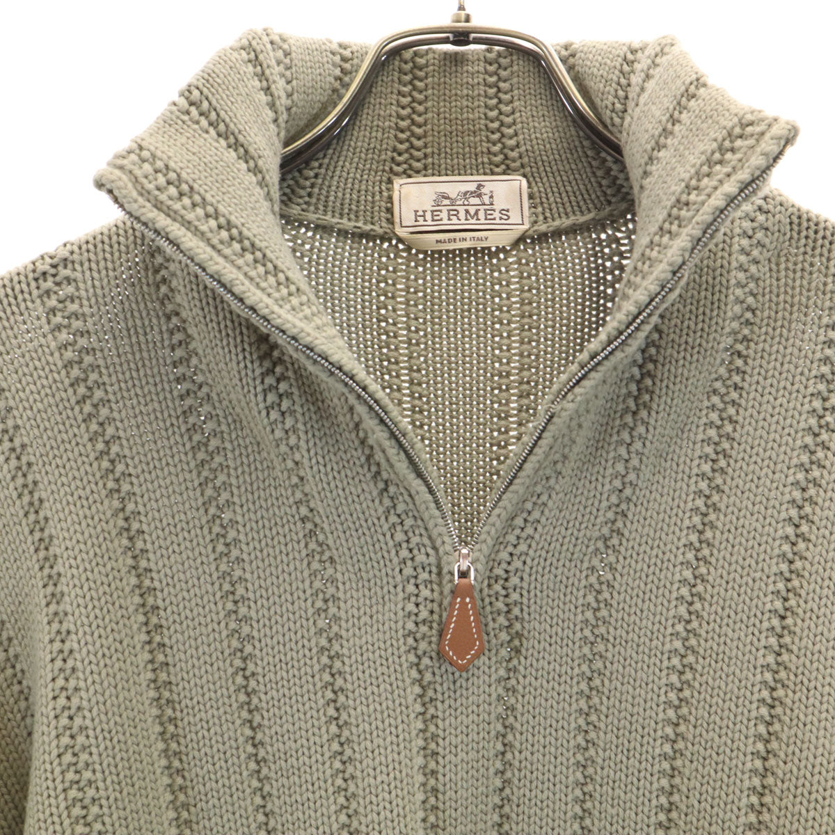 HERMES Italian Half-Zip Knit Sweater Green Size L