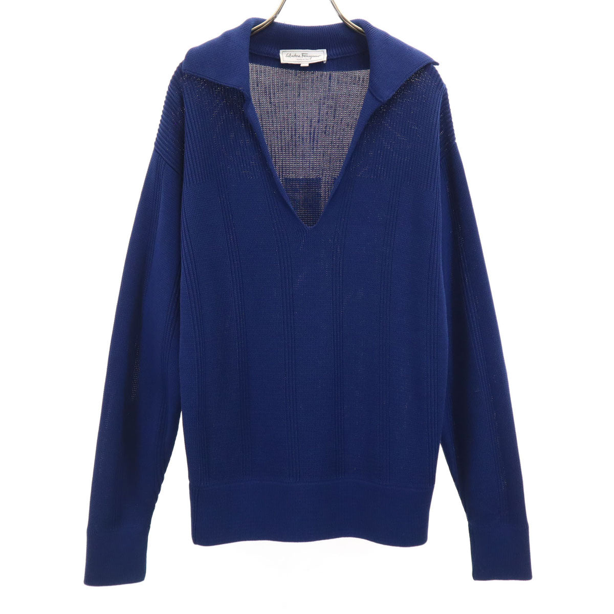 Salvatore Ferragamo Long Sleeve V-Neck Sweater Navy Size M