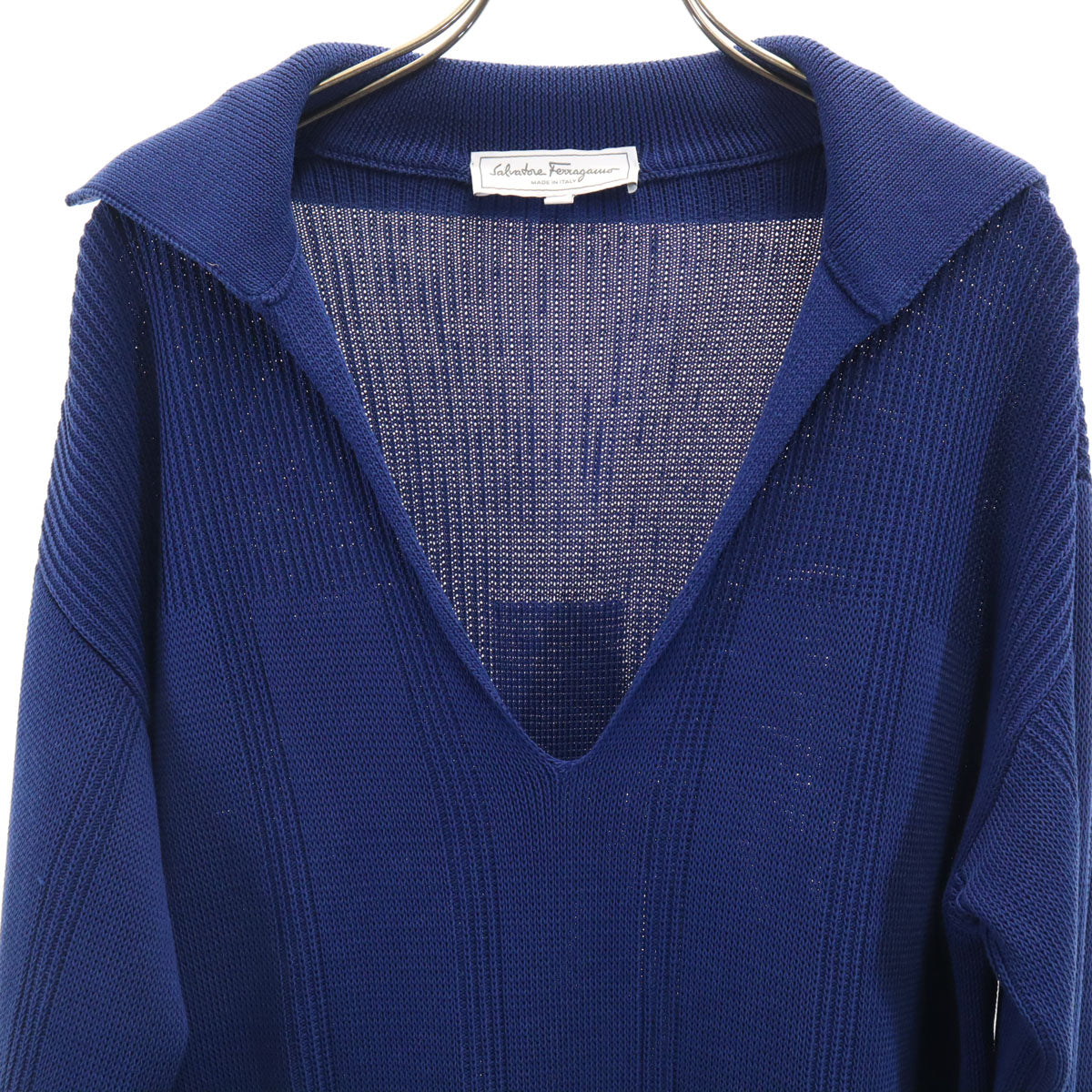 Salvatore Ferragamo Long Sleeve V-Neck Sweater Navy Size M
