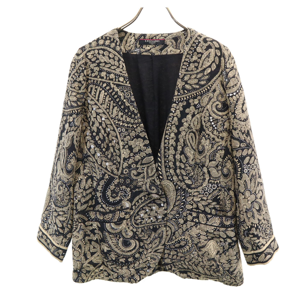 LEONARD Black All Over Pattern Collarless Jacket Size 13AR