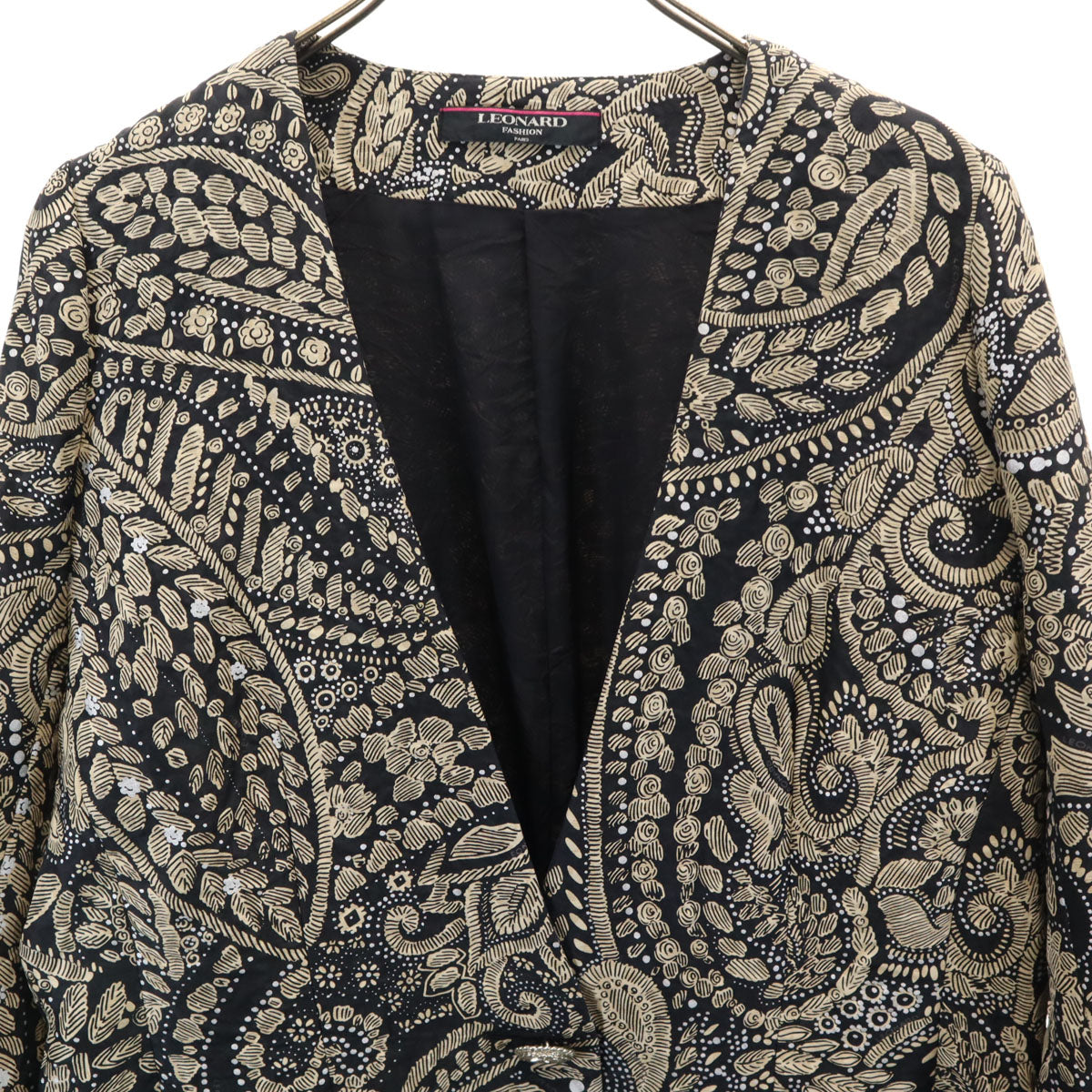 LEONARD Black All Over Pattern Collarless Jacket Size 13AR