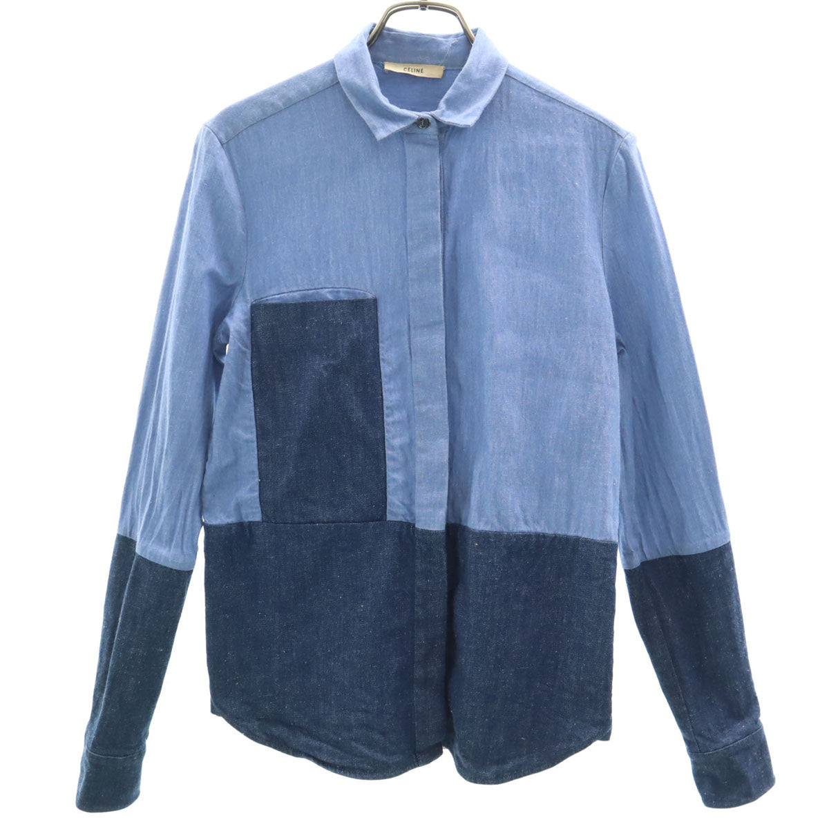 CELINE Long Sleeve Two-Tone Denim Light Blue Shirt Size 36