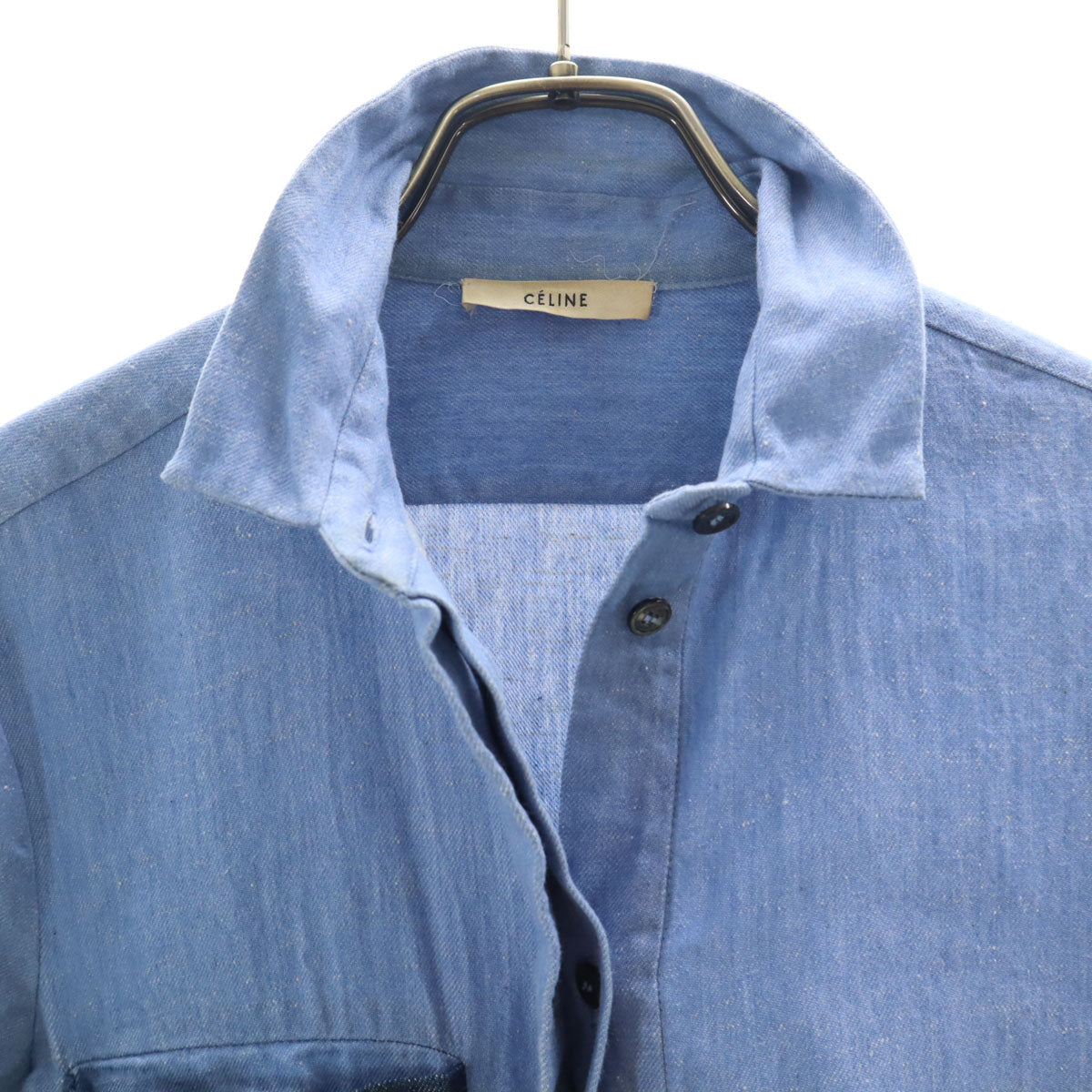 CELINE Long Sleeve Two-Tone Denim Light Blue Shirt Size 36
