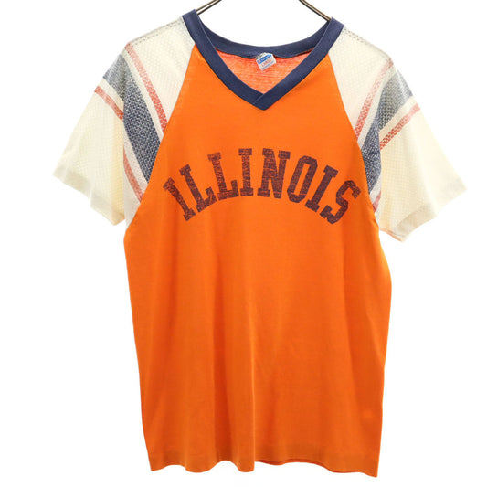 Champion 70s USA Bar Tag V-Neck T-Shirt Orange Size L