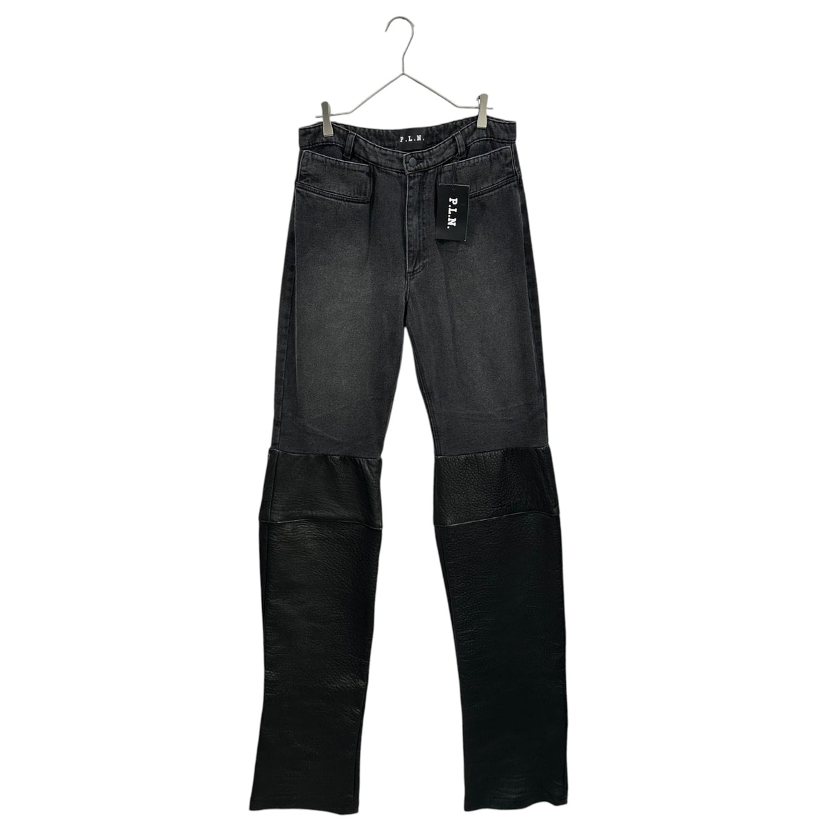 P.L.N. Super Long Leather Panel Pants Black Size M