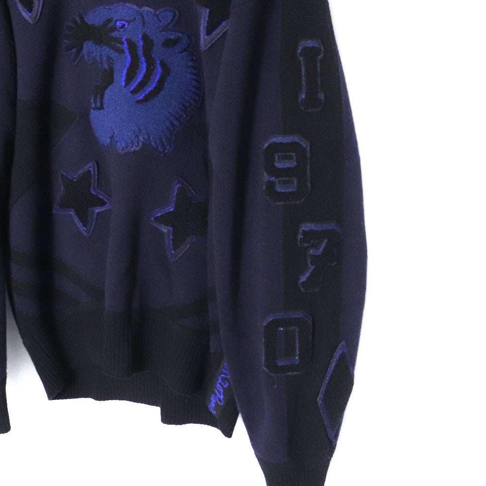 KENZO Applique Tiger Motif V-Neck Sweater Navy Size L