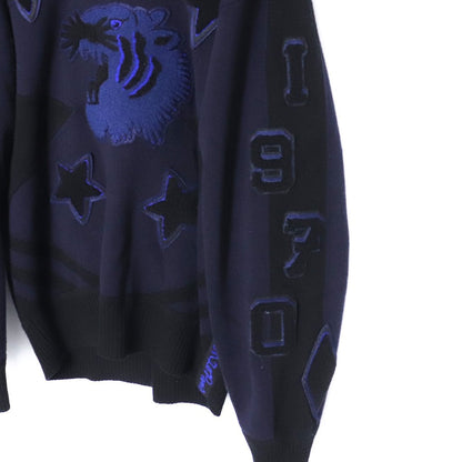 KENZO Applique Tiger Motif V-Neck Sweater Navy Size L