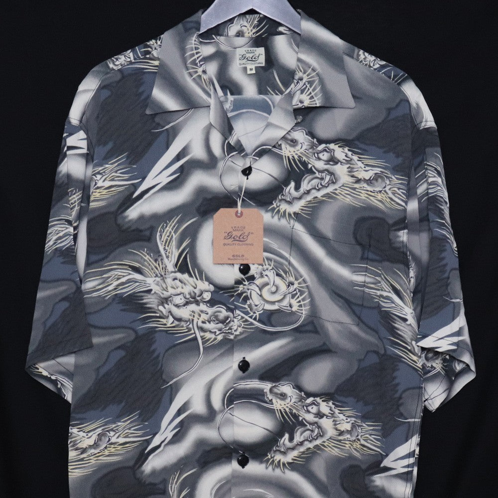 GOLD Dragon Print Aloha Shirt Gray Size M