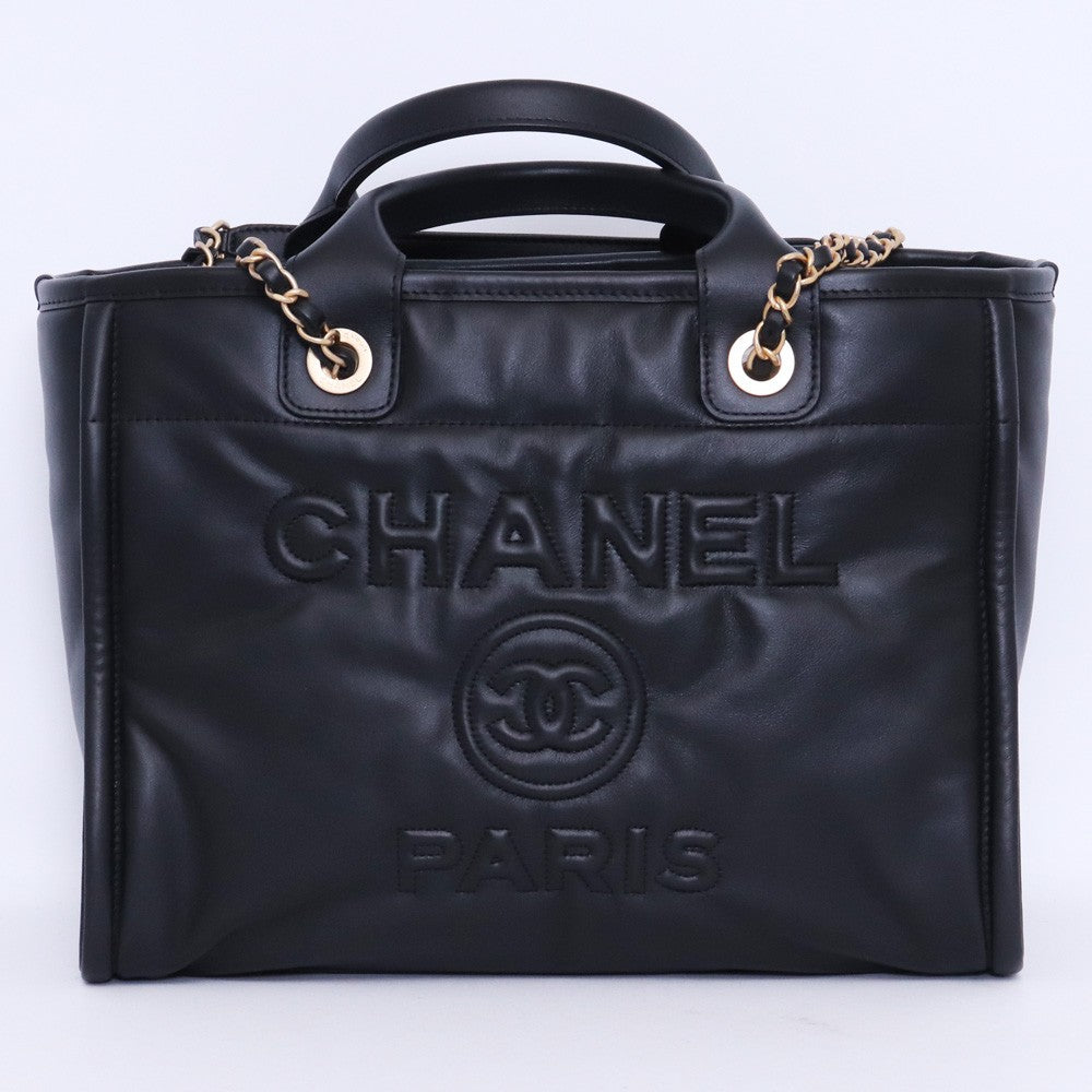 CHANEL Deauville Lambskin 2-Way Tote Bag Black Size F