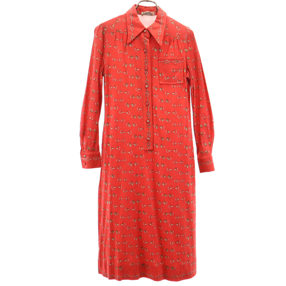 HERMES 80s French Vintage Patterned Shirt Dress Red Size 38