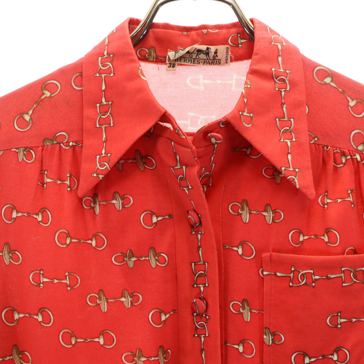 HERMES 80s French Vintage Patterned Shirt Dress Red Size 38
