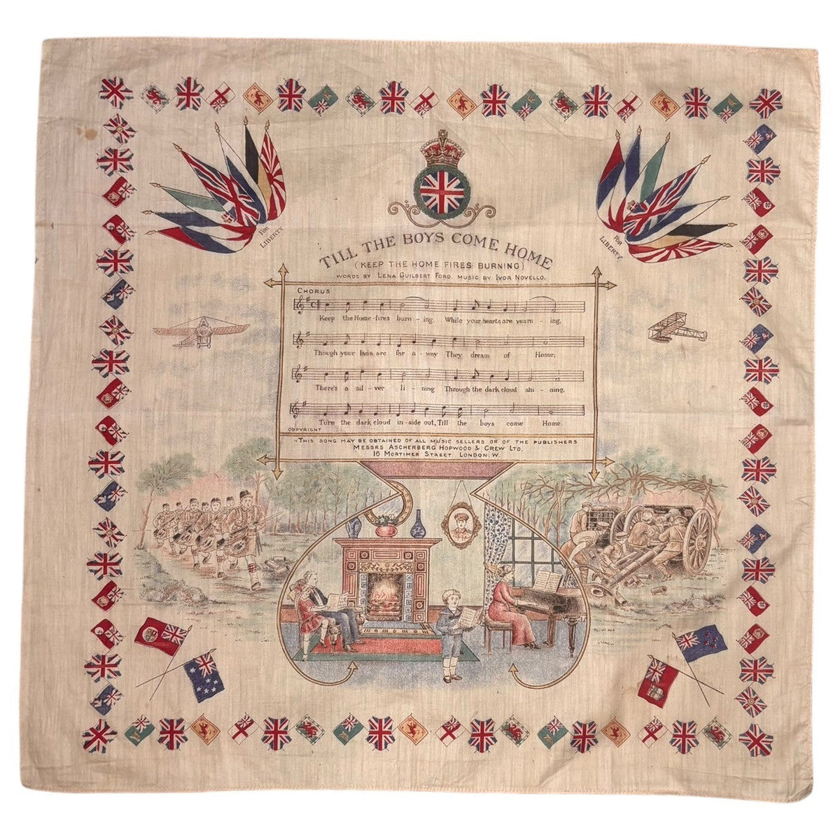 VINTAGE 1910s WW1 Allied Wars Printed Bandana Beige