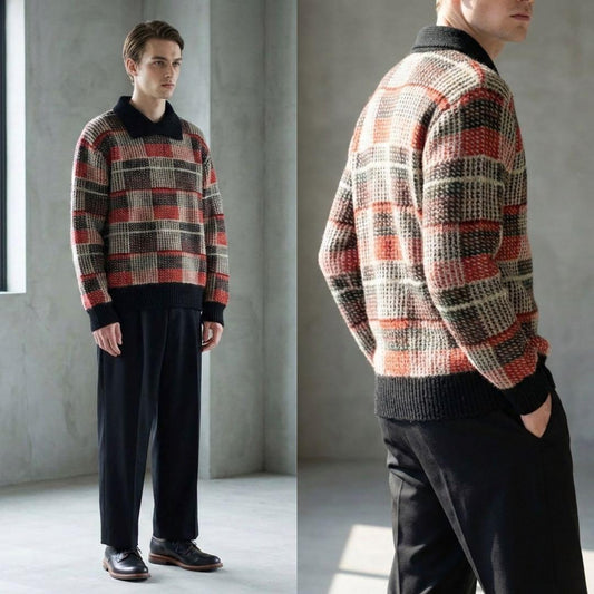 ISSEY MIYAKE MEN 80s Brush Tag Check Wool Knit Size L