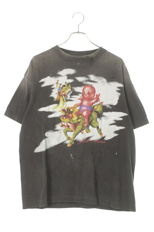 Saint Michael Front Print Distressed T-Shirt Black Size M