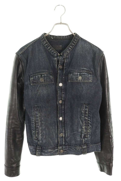Saint Laurent Paris Leather Denim Jacket Blue x Black Size M