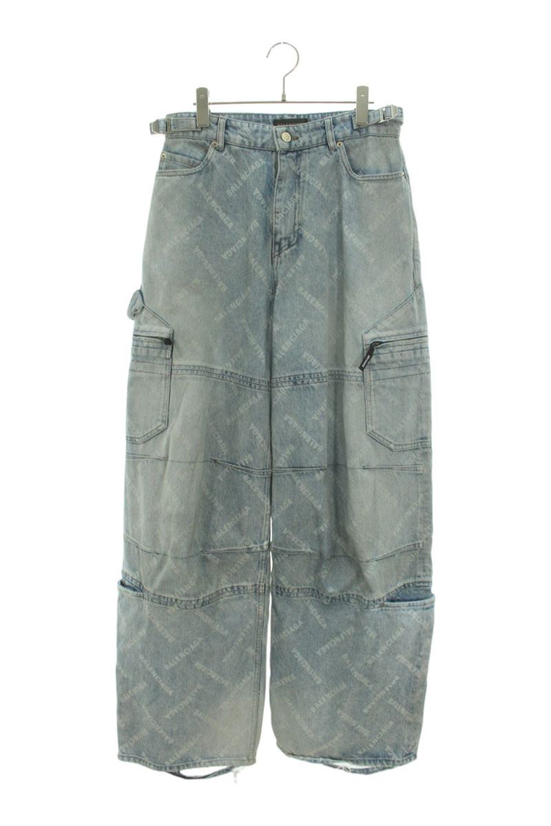 Balenciaga Logo All-Over Print Denim Pants Blue Size XS