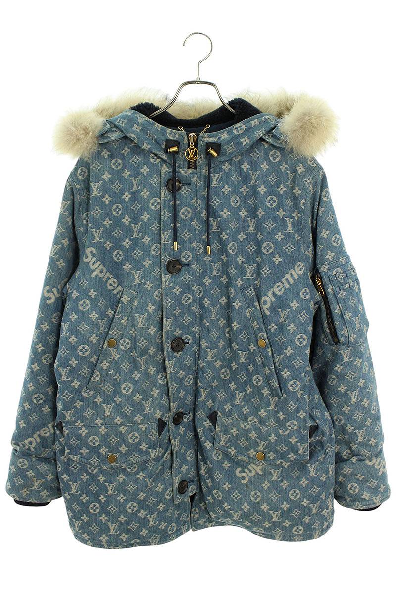 SUPREME LOUISVUITTON 17AW Denim Fur N-3B Coat Blue Size 50