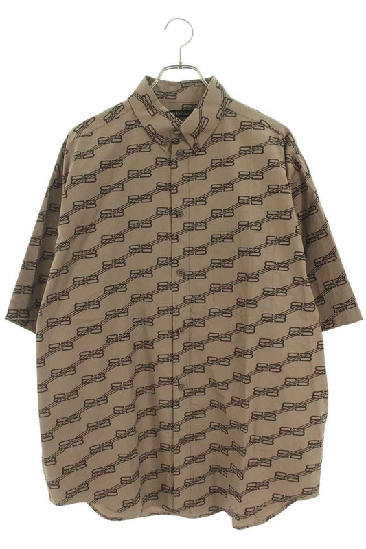 Balenciaga Logo All-Over Print Down Oversized Short Sleeve Shirt Beige Size 37