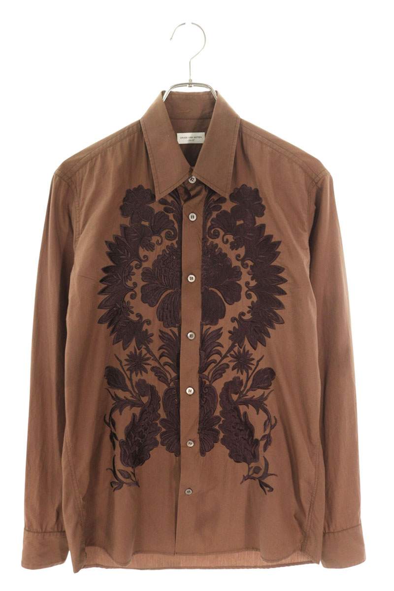 Dries Van Noten Embroidered Cotton Long Sleeve Shirt Brown Size 46
