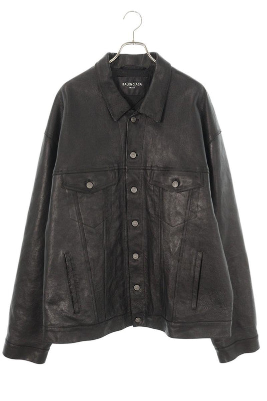 BALENCIAGA Boxy Trucker Leather Jacket Black Size S
