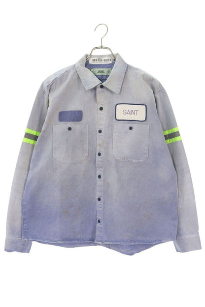 SAINT MICHAEL Logo Patch Vintage Long Sleeve Shirt Blue Size M