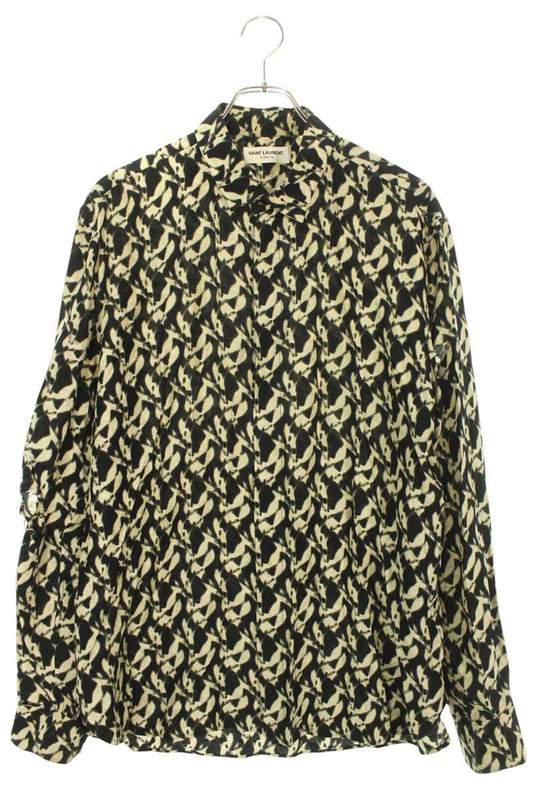 Saint Laurent Paris All-Over Print Silk Long Sleeve Shirt Size XS