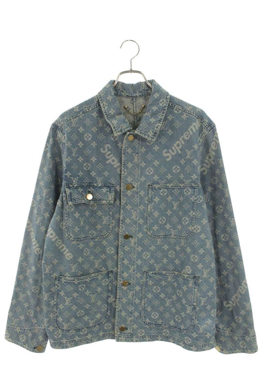 Supreme x Louis Vuitton 17AW LV Jacquard Denim Chore Coat Jacket Blue Size M