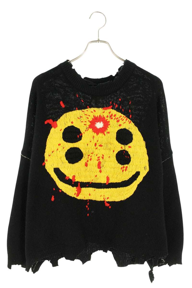 Saint Michael 24AW Embroidered Distressed Knit Sweater Black x Yellow Size L