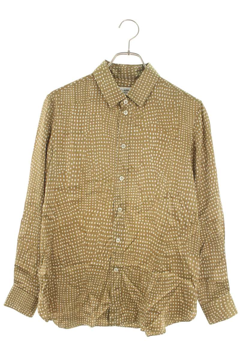 Saint Laurent Paris All-Over Print Silk Long Sleeve Shirt Beige Size XS