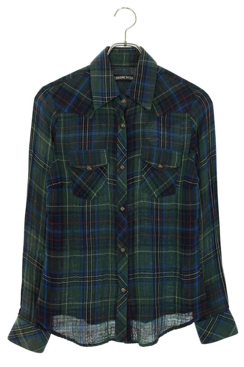 Vintage Chrome hearts Tops - Chrome Hearts Cross Check Pattern Long Sleeve Shirt Size XS Green x Silver - Authentic Archive