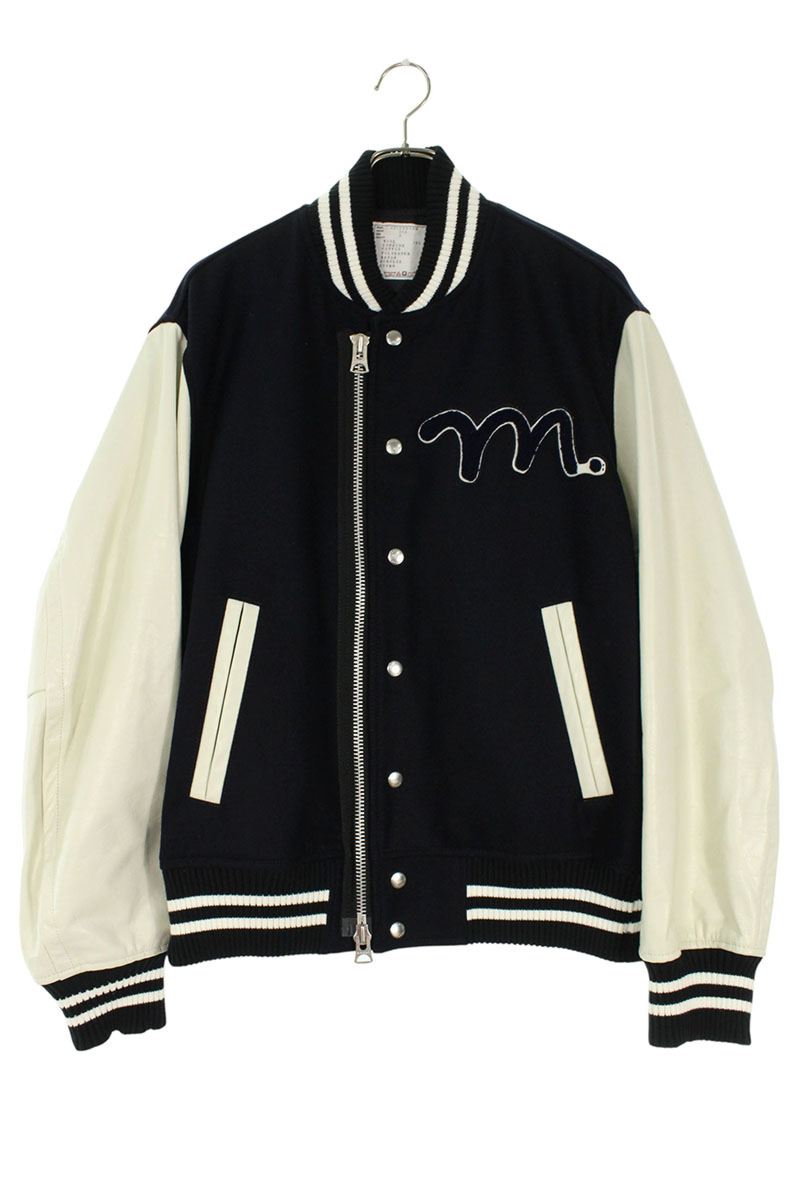 Sacai 22AW Back Embroidered Leather Wool Blouson Blue x White Size L