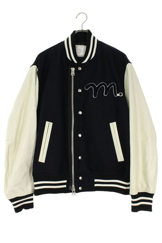 Sacai 22AW Back Embroidered Leather Wool Blouson Blue x White Size L