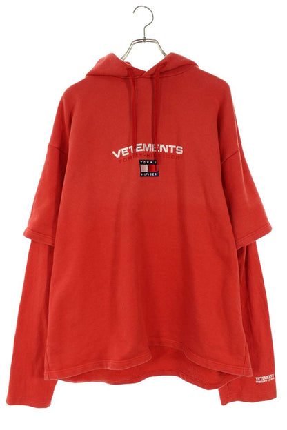 Tommy Hilfiger x Vetements 18SS Logo Layered Pullover Hoodie Red Size M